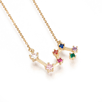 304 Stainless Steel Pendant Necklaces, with Brass Cubic Zirconia Pendants, Twelve Constellations, Leo, 17.79 inch~18.3 inch(45.2~46.5cm), 1.2mm, 16.4x24.7x3.4mm