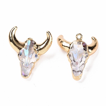 Glass Pendants, with Light Gold Plated Brass Findings, Cattle Head Charms, Clear AB, 28.5x26x13mm, Hole: 1.7mm