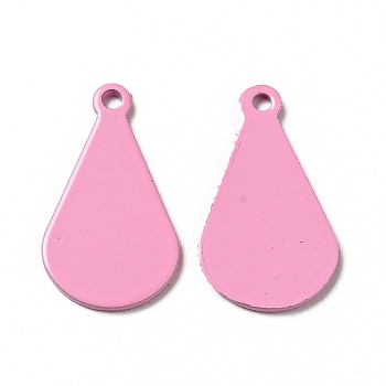 Spray Painted 201 Stainless Steel Pendants, Teardrop Charm, Pearl Pink, 19x11x1mm, Hole: 1.4mm