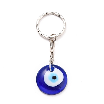 Evil Eye Lampwork Keychain, with Platinum Plated Iron Split Key Rings, Royal Blue, 78mm