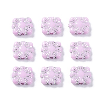 Opaque Acrylic Beads, Metal Enlaced, Square with Flower Pattern, Pearl Pink, 9.5~10x10.5~11x3.5mm, Hole: 1.6mm, about 1990pcs/500g
