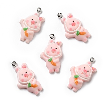 Opaque Resin Pendants, with Platinum Tone Iron Loops, Pig with Carrot, Pink, 31x16.5x6mm, Hole: 2mm
