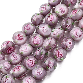 Handmade Lampwork Beads Strands, Round with Flower, Rosy Brown, 9.5mm, Hole: 1.5mm, about 50pcs/strand, 18.90 inch(48cm)