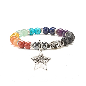 Natural & Synthetic Mixed Gemstone Round Beaded Stretch Bracelet with Alloy Star with Tree, Yoga Jewelry for Women, Inner Diameter: 2-1/8 inch(5.5cm)