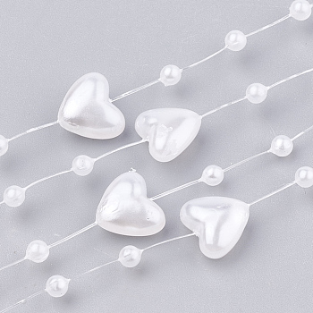 ABS Plastic Imitation Pearl Beaded Trim Garland Strand, Great for Door Curtain, Wedding Decoration DIY Material, Heart and Round, White, 9x9mm and 3mm, about 60m/roll