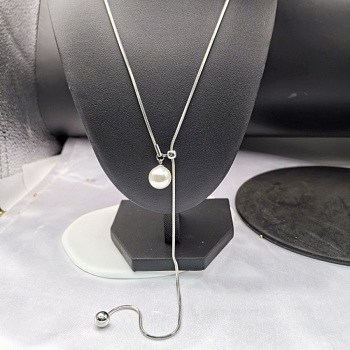 White Round Plastic Pearl Tassel 304 Stainless Steel Round Snake Chain Lariat Necklaces for Women, Stainless Steel Color, 27.56 inch(70cm)