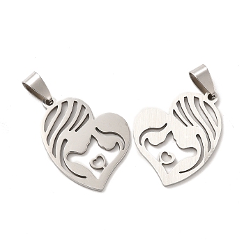 Mother's Day 201 Stainless Steel Pendants, Mother with Daughter, Hollow Heart Charms, Stainless Steel Color, 28x24x1.4mm, Hole: 8x4.3mm