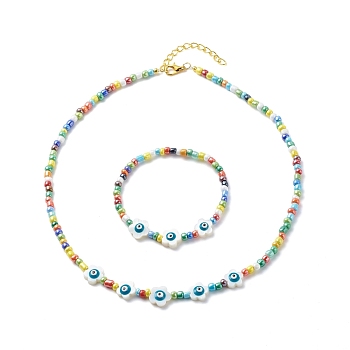 Natural Shell Flower with Evil Eye & Glass Seed Beaded Necklace Stretch Bracelet, Jewelry Set for Women, Colorful, Inner Diameter: 2-1/8 inch(5.5cm), 17.44 inch(44.3cm)