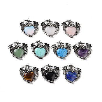 Natural & Synthetic Mixed Gemstone Pendants, Heart Charms, with Rack Plating Antique Silver Tone Alloy Dragon Findings, Mixed Dyed and Undyed, 51~52.5x55x10.5~11mm, Hole: 7x4.5mm