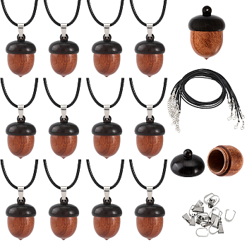 12pcs Disconnectable Ebony Wood Acorn Pendants, with 12pcs Imitation Leather Cord, for Necklace Making, Black, Pendant: 3.1x2.2cm, Hole: 1.4mm, Leather Cord: 450mm