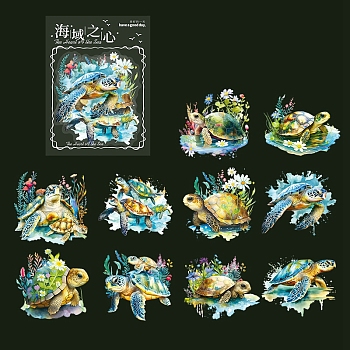 10Pcs Ocean Theme Waterproof PET Decorative Sticker Labels, Self-adhesive Sea Animal Decals, for DIY Scrapbooking, Turtle, 60x60mm