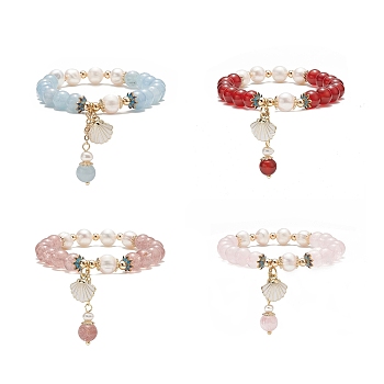 Natural Mixed Gemstone & Pearl Stretch Bracelet, Alloy Enamel Shell Charms Bracelet for Women, Inner Diameter: 2 inch(5cm)