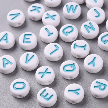 Opaque White Acrylic Beads, with Enamel, Horizontal Hole, Flat Round with Random Initial Letter, Sky Blue, 9.5x4.5mm, Hole: 2mm, 553pcs/175g