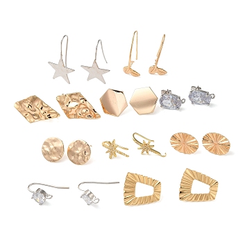 Brass Stud Earring Findings & Earring Hook, Star/Hexagon/Oval, Platinum & Real 18K Gold Plated, 22~30x10~20mm, Hole: 2mm, Pin: 11~12x1mm