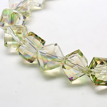 Full Rainbow Plated Crystal Glass Cube Beads, Faceted, Pale Green, 12.6x13.8x10~11mm, Hole: 1.8mm