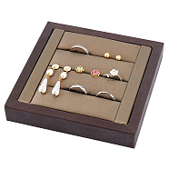 3-Slot Brushed PU Leather Covered Wood Finger Ring Display Trays, Jewelry Organizer Showcase, Square, Coconut Brown, 14x14x2.4cm(ODIS-WH0034-10)