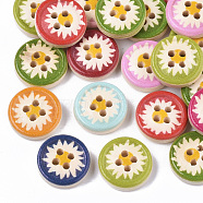 4-Hole Printed Natural Wood Buttons, Flat Round, Mixed Color, 13x4mm, Hole: 1.6mm(WOOD-S055-11)