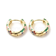Flower Enamel Hoop Earrings, Gold Plated Brass Hinged Earrings for Women, Blue, 20x22x5mm, Pin: 0.9mm(EJEW-G290-03G-A)