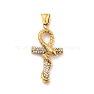 Ion Plating(IP) 304 Stainless Steel Pendants, with Rhinestone, Cross with Snake, Golden, 45x23.5x7.5mm, Hole: 3.5x8mm(STAS-C053-40G)
