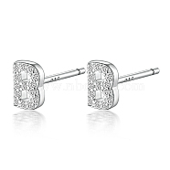 Rhodium Plated 925 Sterling Silver Initial Letter Stud Earrings, with Cubic Zirconia, Platinum, Letter B, 5x5mm(HI8885-02)