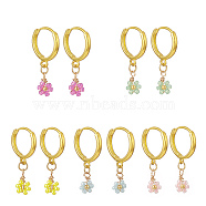 Glass Flower Dangle Hoop Earrings, Real 18K Gold Plated Brass Wire Wrap Jewelry for Women, Mixed Color, 26.5mm, Pin: 1mm(EJEW-JE05191)