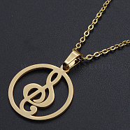201 Stainless Steel Pendant Necklaces, with Cable Chains and Lobster Claw Clasps, Ring with Music Note, Golden, 17.7 inch(45cm), 1.5mm(NJEW-S105-JN530-45-2)