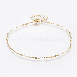 304 Stainless Steel Anklets, with Lobster Claw Clasps, Round Beads and Cable Chains, Golden, 9 inch(230mm), 1.5mm(AJEW-H013-05G)