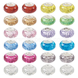66Pcs 11 Colors Rondelle Resin European Beads, Large Hole Beads, with Glitter Powder and Platinum Tone Brass Double Cores, Mixed Color, 13.5x8mm, Hole: 5mm, 6pcs/color(RPDL-TA0001-03)