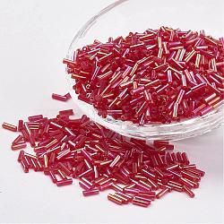 Glass Bugle Beads, Transparent Colours Rainbow, Red, 12x2mm, Hole: 0.5mm, about 5000pcs/bag(SEED-E001-12mm-165)