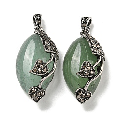 Natural Green Aventurine Horse Eye Pendants, Rack Plating Alloy Rhinestone Heart Leaf Charms, Antique Silver, Cadmium Free & Lead Free, 31x16x11.5mm, Hole: 5x3mm(G-F766-01AS-01)