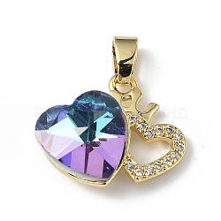 Real 18K Gold Plated Rack Plating Brass Micro Pave Clear Cubic Zirconia Pendants, with Glass, Long-Lasting Plated, Cadmium Free & Lead Free, Heart Charm, Medium Purple, 16x19.5x8mm, Hole: 5x3.2mm(KK-C015-18G-13)