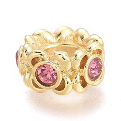 Brass Micro Pave Cubic Zirconia Beads, Rondelle, Real 18K Gold Plated, Pink, 8.5x4.5mm, Hole: 3.5mm(KK-P187-28A-G)