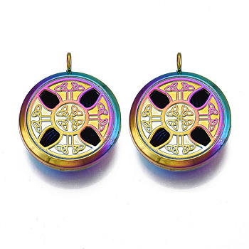 Rack Plating Alloy Diffuser Locket Pendants, with Magnetic, Cadmium Free & Nickel Free & Lead Free, Flat Round with Trinity Knot, Rainbow Color, 36x30x11mm, Hole: 4mm, Inner Diameter: 22mm