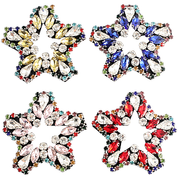4Pcs 4 Colors Star Rhinestone Appliques, Sew on Ornament Accessories, Mixed Color, 48x52x6mm, 1pc/color