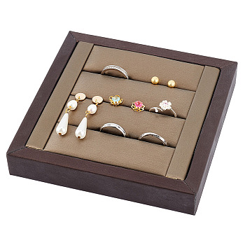 3-Slot Brushed PU Leather Covered Wood Finger Ring Display Trays, Jewelry Organizer Showcase, Square, Coconut Brown, 14x14x2.4cm
