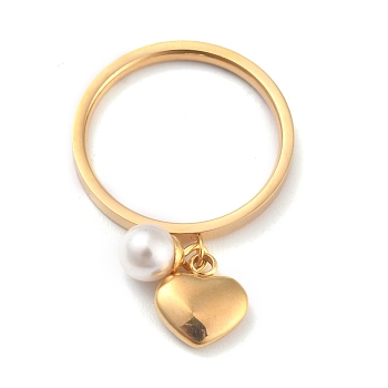 Dual-use Items, 304 Stainless Steel Finger Rings or Pendants, with Plastic Round Beads, Heart, White, Golden, US Size 5~9(15.7~18.9mm)