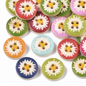 4-Hole Printed Natural Wood Buttons, Flat Round, Mixed Color, 13x4mm, Hole: 1.6mm