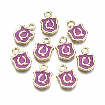 Alloy Enamel Charms, Cadmium Free & Lead Free, Shield with Initial Letters, Light Gold, Letter.Q, 14x10x2mm, Hole: 2mm