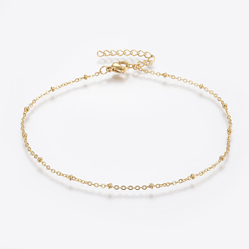 304 Stainless Steel Anklets, with Lobster Claw Clasps, Round Beads and Cable Chains, Golden, 9 inch(230mm), 1.5mm