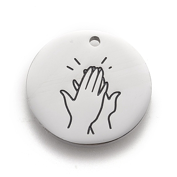 316 Surgical Stainless Steel Pendants, ASL Pendants, Flat Round with Gesture Language, Stainless Steel Color, High Five, 25x2mm, Hole: 2mm