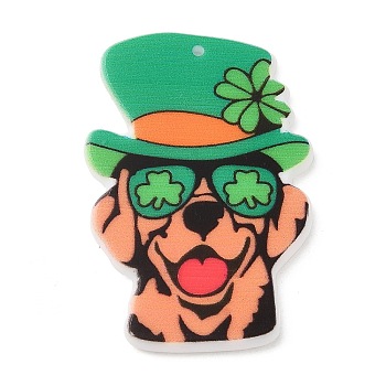 Saint Patrick's Day Acrylic Pendant, Clover, Dog, 40x27.5x2mm, Hole: 1.4mm