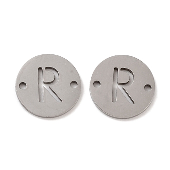 201 Stainless Steel Hollow Flat Round Links, Letter Connector Charms, Stainless Steel Color, Letter R, 12x1mm, Hole: 1.2mm
