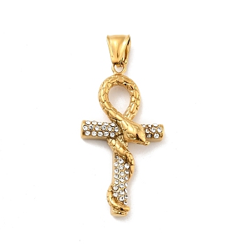 Ion Plating(IP) 304 Stainless Steel Pendants, with Rhinestone, Cross with Snake, Golden, 45x23.5x7.5mm, Hole: 3.5x8mm
