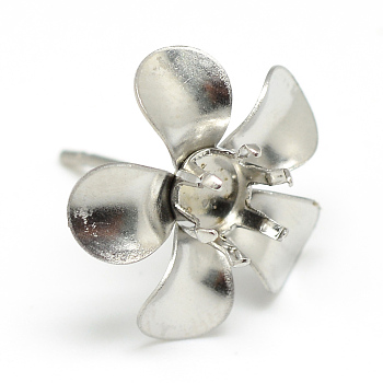 304 Stainless Steel Stud Earring Settings, Flower, Stainless Steel Color, Tray: 4mm, 15x14.5mm, pin: 0.8mm