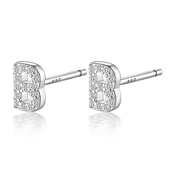 Rhodium Plated 925 Sterling Silver Initial Letter Stud Earrings, with Cubic Zirconia, Platinum, Letter B, 5x5mm