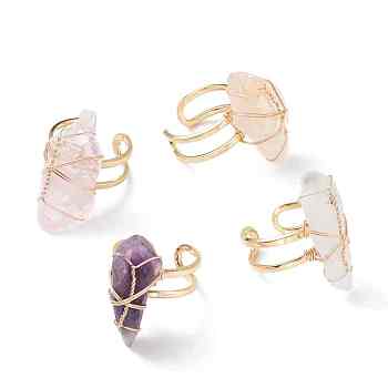 Roungh Raw Natural Gemstone Wire Wrapped Open Cuff Rings for Girl Women, Golden Brass Jewelry, US Size 6(16.5mm)