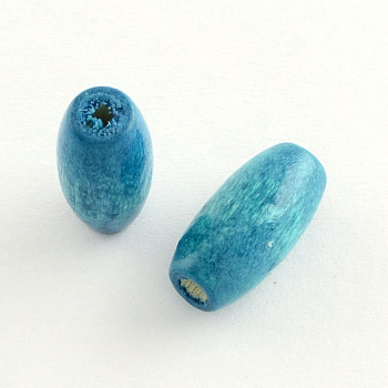 Dyed Natural Wood Beads, Egg Shaped Rugby Wood Beads, Oval/Oblong, Lead Free, Teal, 15x7~8mm, Hole: 3mm, about 3800pcs/1000g