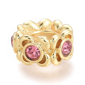 Brass Micro Pave Cubic Zirconia Beads, Rondelle, Real 18K Gold Plated, Pink, 8.5x4.5mm, Hole: 3.5mm
