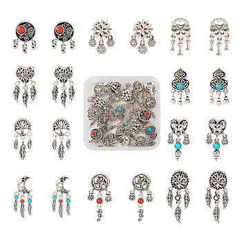 20Pcs 10 Styles Tibetan Style Alloy European Dangle Charms, Large Hole Pendants, with Synthetic Turquoise Beads, Heart & Moon & Paw Print, Mixed Shapes, Antique Silver, 18~30x10.5~12x7~12mm, Hole: 4.4~4.7mm, 2pcs/style