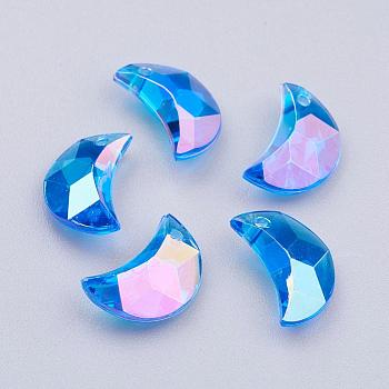 Transparent Acrylic Charms, AB Color Plated, Moon, Faceted, Blue, 11x7x4mm, Hole: 0.5mm